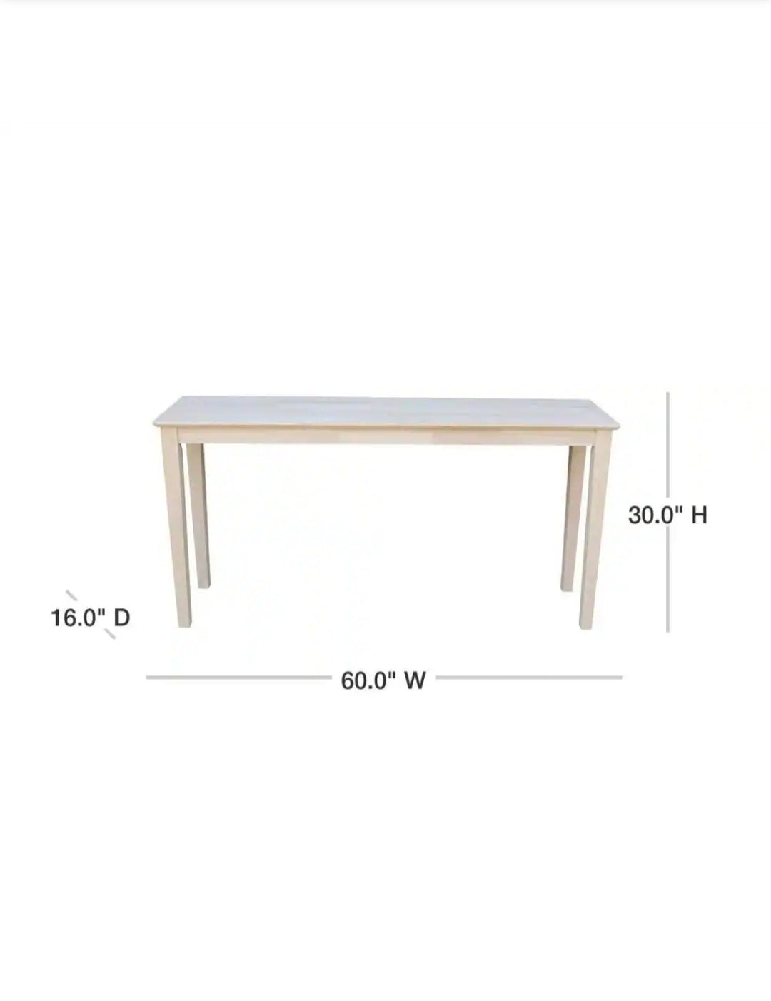 Shaker wood console table 60" rectangle, clean lined design, dimensions 60" W x 16" D x 30" H, versatile for any style.
