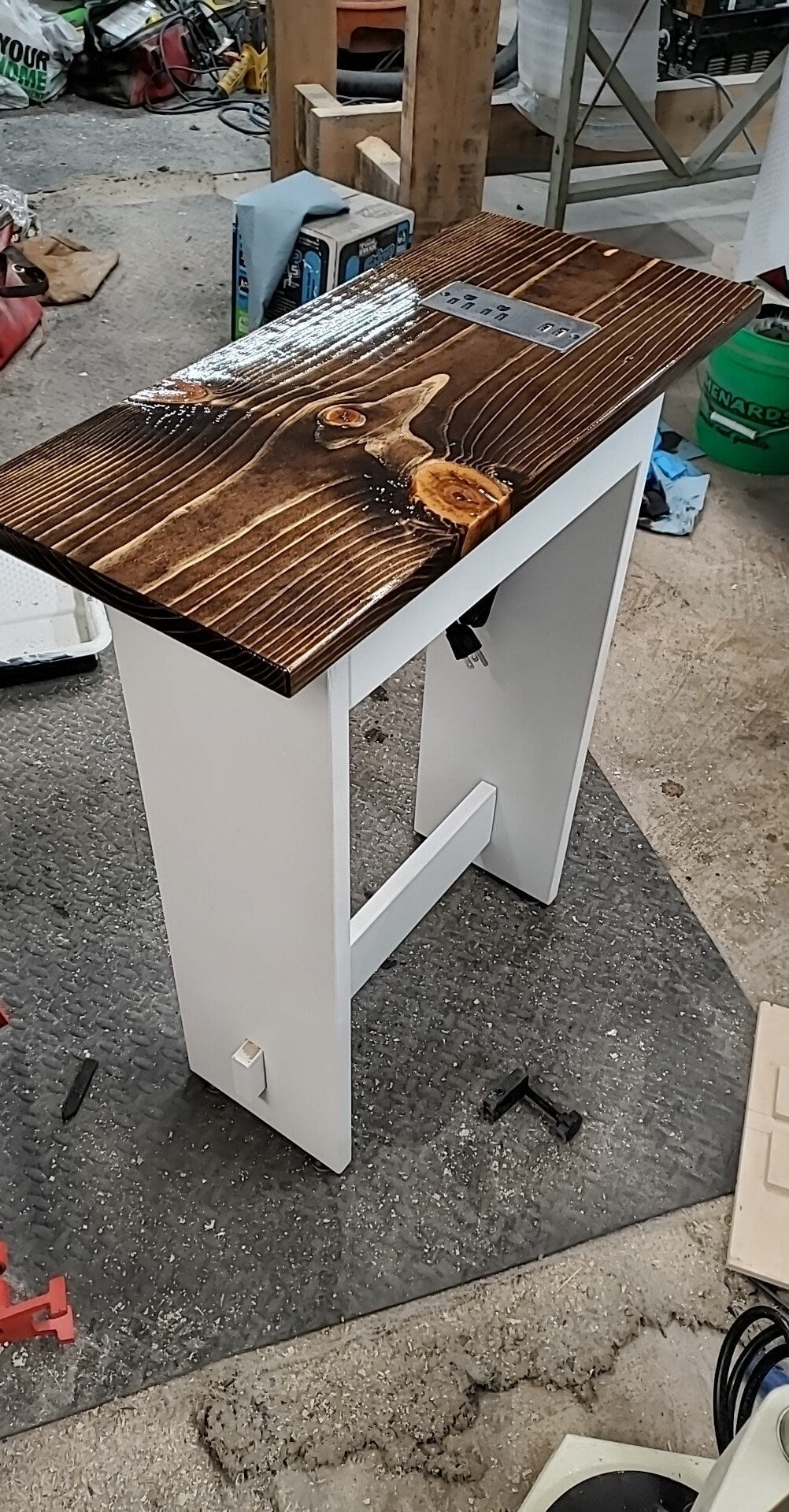 Farmhouse table, End Table, custom handmade with USB ports and electrical outlets