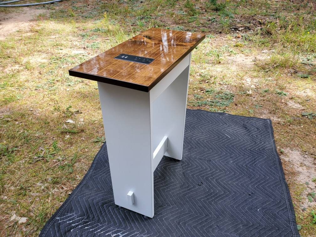 Farmhouse table, End Table, custom handmade with USB ports and electrical outlets