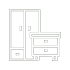 A minimalist black line drawing of a kitchen scene, showing a tall refrigerator on the left, a stove on the right, and a sink area below, on a white background.