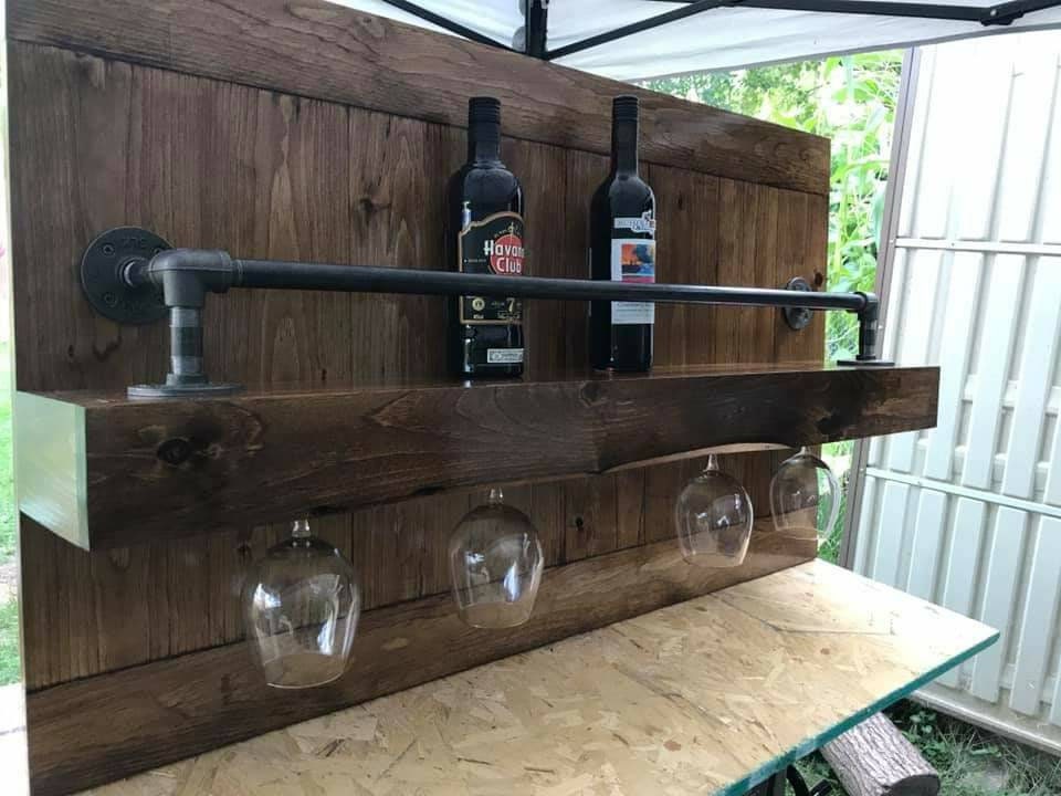 Rustic Reclaimed Wood Liquor and Wine Shelf with Pipe Construction: Handcrafted for Home Bar & Stemware Storage