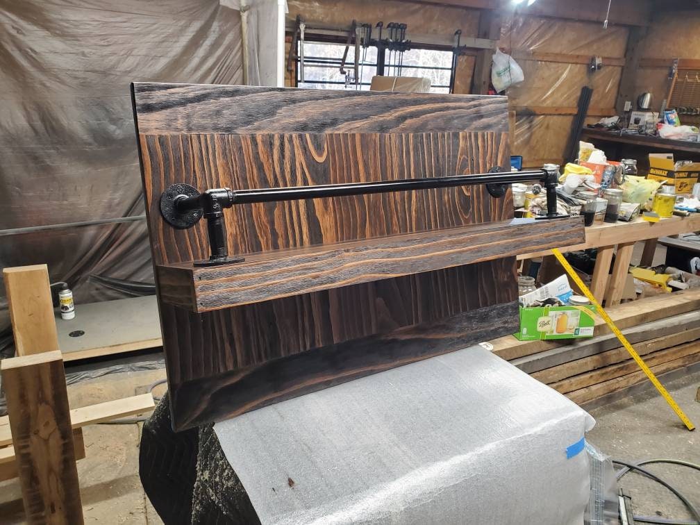 Rustic Reclaimed Wood Liquor and Wine Shelf with Pipe Construction: Handcrafted for Home Bar & Stemware Storage