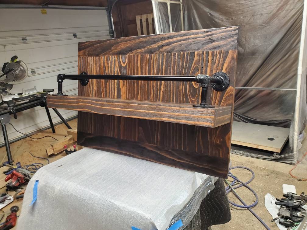 Rustic Reclaimed Wood Liquor and Wine Shelf with Pipe Construction: Handcrafted for Home Bar & Stemware Storage