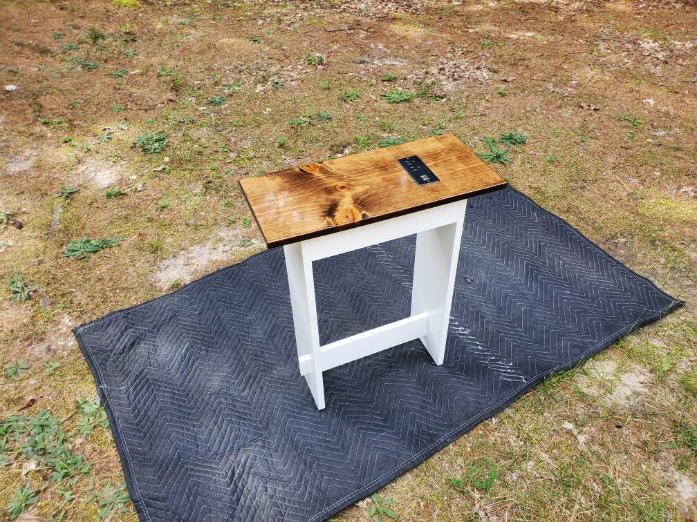 Farmhouse table, End Table, custom handmade with USB ports and electrical outlets