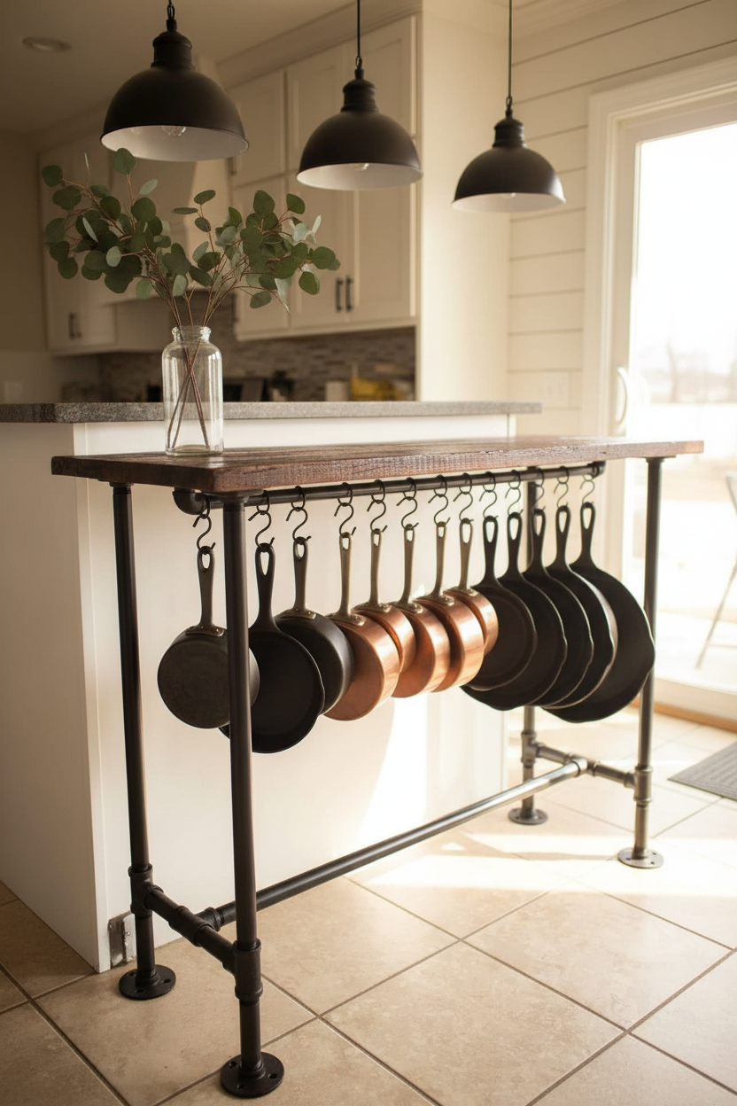 Handmade Hickory Sideboard Table: Farmhouse Kitchen Island with Pan Storage
