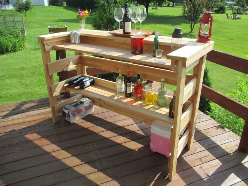 Outdoor Cedar Patio Bar - Sturdy, Elegant and Convenient with Adjustable Shelving.